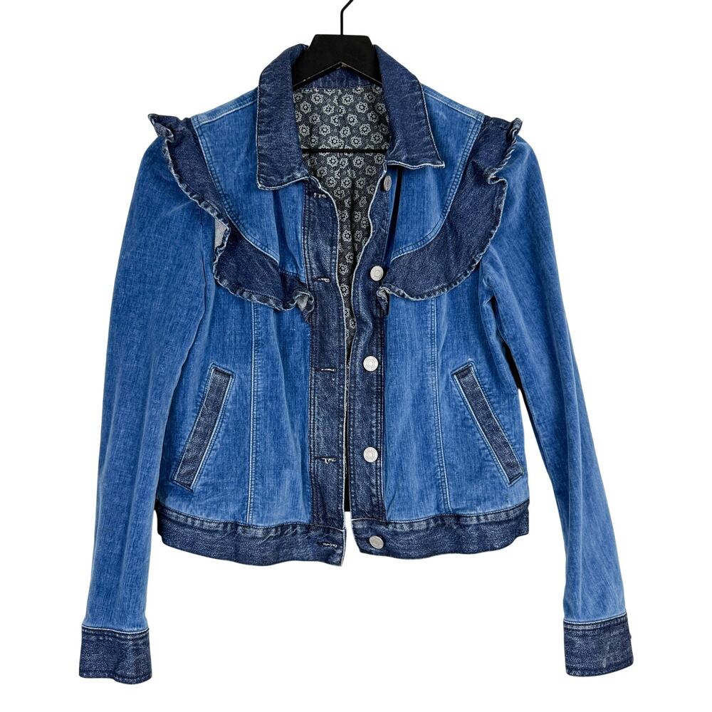 La Vie Rebecca Taylor Blue Velvet Denim Jacket Ruffled - S